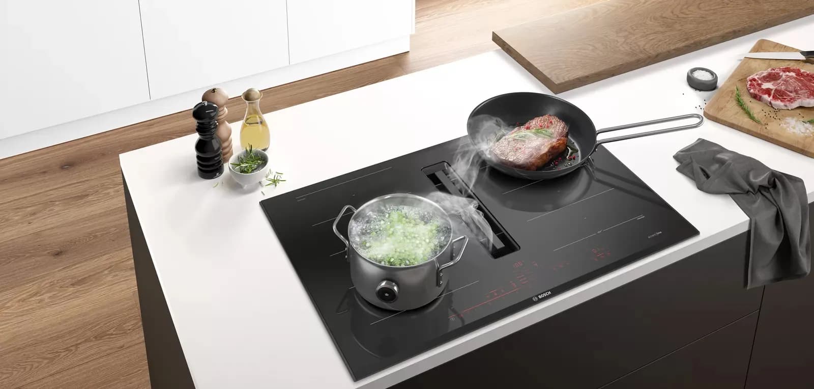 BOSCH Serie 8 - Kochfeld mit Dunstabzug (Induktion) 80 cm Mit Rahmen aufliegend